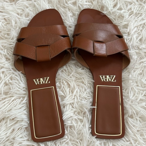 Zara Brown Braided Leather Slide Sandals - Picture 2 of 5
